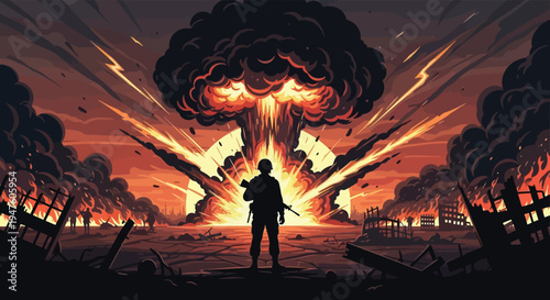 A lone soldier stands amidst devastation as a massive explosion illuminates the scene silhouette high quality
