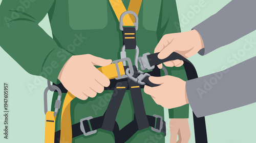 Safety inspector hands fastening full body harness on a construction worker for fall protection, concept for industrial safety training, occupational health compliance and site regulation