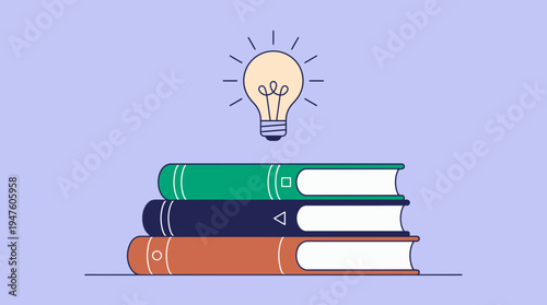 Minimalist illustration of stacked books with a glowing light bulb on purple background, concept for educational inspiration, academic success and creative learning