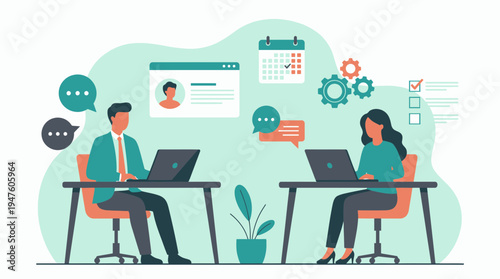 Project manager and administrative assistant working on laptops in modern office with task management icons and chat bubbles, concept for project management, business workflow and teamwork