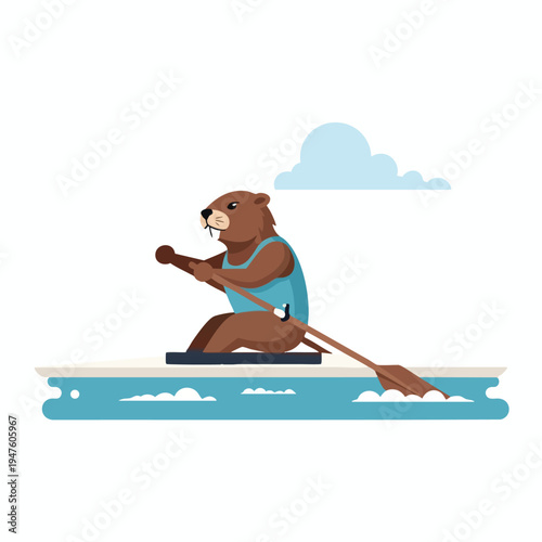 Anthropomorphic beaver in blue vest rows a small boat with a single oar on water