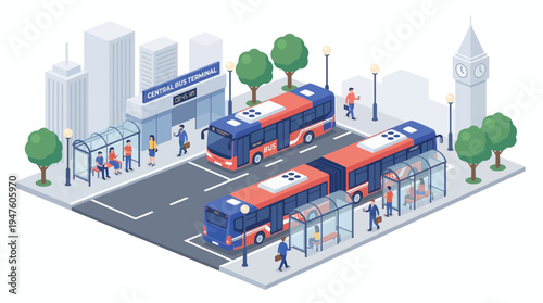 Isometric central bus terminal with red buses and corporate managers waiting at stations near city buildings and clock tower, concept for urban transportation, city planning and daily commute