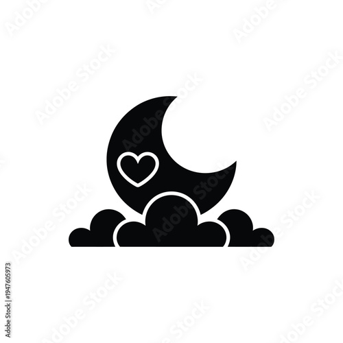 Simple black illustration of a crescent moon with clouds and a heart