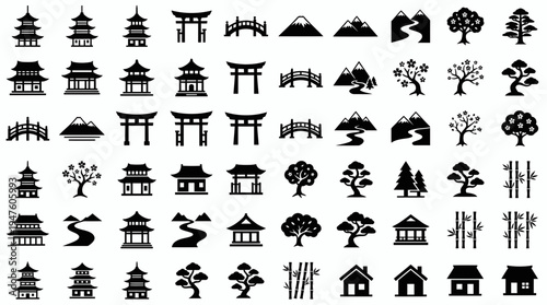 Collection of Japanese traditional landmark icons including pagoda, torii gate, fuji mountain and sakura trees, concept for travel infographics, cultural branding and web UI design