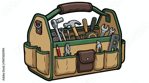 Full open canvas tool bag filled with essential hand tools like hammer wrenches and screwdrivers isolated on white background, concept for home renovation, construction services and maintenance