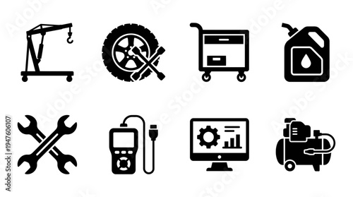 Set of car repair and automotive maintenance tool icons featuring engine hoist, tire and diagnostic scanner, concept for mechanic workshop service, garage branding and industrial equipment