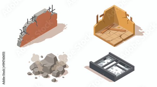 Isometric set of ruined building elements with broken concrete wall, damaged room corner, rock rubble and shattered window frame, concept for demolition, disaster simulation and safety training