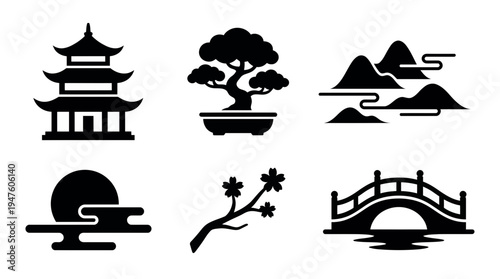Traditional Japanese cultural icons set featuring pagoda temple, bonsai tree, mountains, sun, sakura branch and bridge silhouette, concept for travel branding, logo design and heritage art