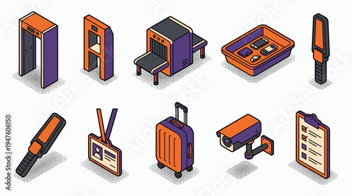 Isometric security equipment set with scanner gate metal detector baggage conveyor and surveillance camera, concept for airport safety, checkpoint infographic and border control