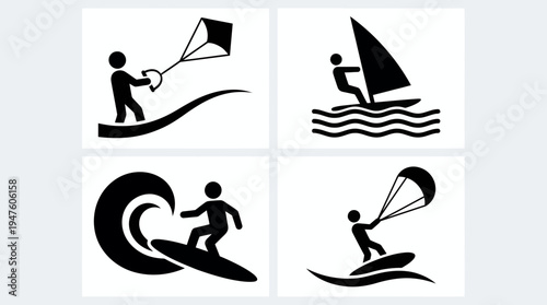 Set of black water sports icons depicting surfing windsurfing and kitesurfing silhouettes, concept for entrepreneur lifestyle, corporate branding and professional travel agency advertising