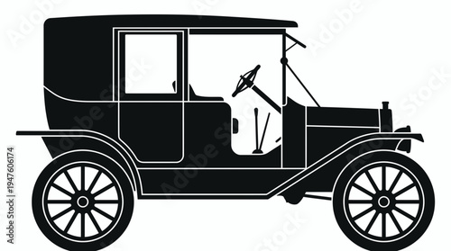 Side view silhouette of a vintage classic antique car with open cabin and spoke wheels on white background, concept for historical education, vintage logo design and retro branding