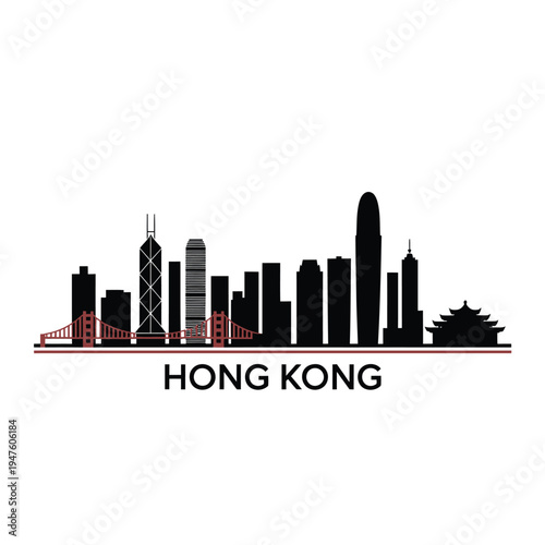 Hong kong skyline silhouette with iconic structures and a red bridge
