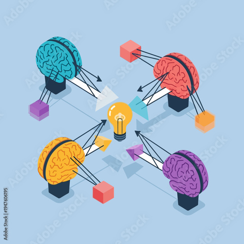 Isometric illustration of four brains connected to a central lightbulb, representing collaboration and ideas.