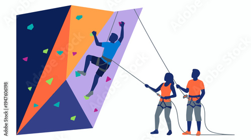 Project manager and coworker belaying executive director climbing artificial rock wall, concept for leadership training, corporate teamwork and career achievement