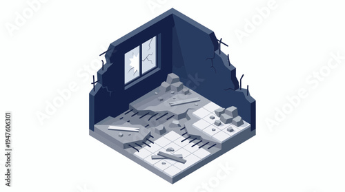 isometric vector illustration of a destroyed room with broken windows and debris on a white background, concept for disaster response, urban warfare and building renovation projects