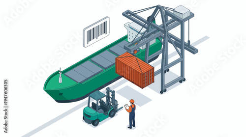 isometric illustration of container cargo ship loading orange freight with port crane forklift and logistics manager, concept for global trade, logistics network and international shipping