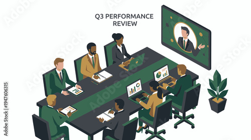 Diverse group of corporate executives and financial analysts conducting a Q3 performance review meeting in an office, concept for business reporting, team collaboration and corporate planning