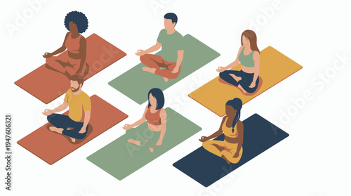 Diverse office managers and developers practicing meditation on yoga mats in a flat isometric style, concept for corporate wellness program, mental health awareness and stress management