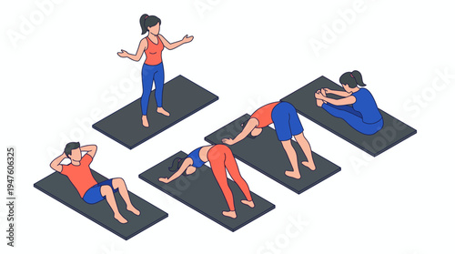 Isometric office employees practicing yoga poses and stretching on mats with a female fitness trainer, concept for corporate wellness, mental health awareness and workplace fitness activity