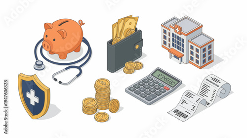 Isometric health insurance and financial icons set with piggy bank, stethoscope, hospital building, wallet and calculator, concept for medical budgeting, insurance policy and cost management