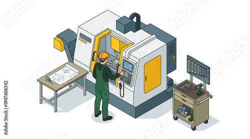Industrial mechanical engineer operating CNC machine with blueprints and tool trolley in isometric perspective, concept for manufacturing automation, factory production and engineering workshop