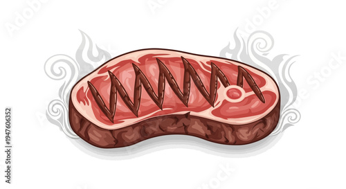 Grilled steak sizzles on a hot grill with flames rising around it