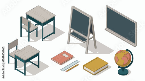 Isometric set of classroom furniture with wooden desks, chairs, chalkboard and school supplies on white, concept for educational infographic, classroom design and back to school marketing