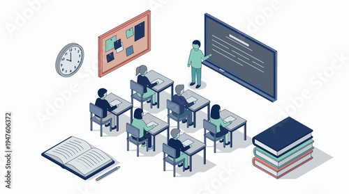 Isometric illustration of a professional corporate trainer teaching a group of employees in a modern classroom, concept for corporate training, professional education and skills development