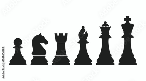 Set of black chess piece silhouettes including pawn knight rook bishop queen and king isolated on white background, concept for business strategy, leadership management and competitive marketing