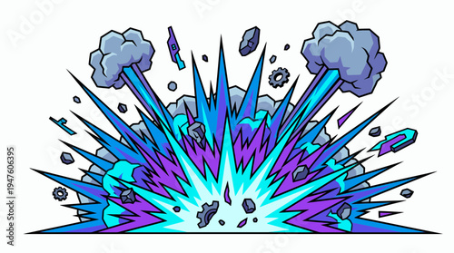 Dramatic blue and purple comic style explosion with mechanical gears and debris flying on white background, concept for technical failure, comic book illustration and industrial power