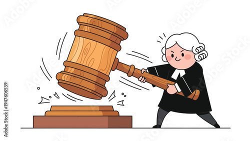 Cartoon Judge Forcefully Smashing Gavel for Justice and Law. Legal Authority and Decision Making Concept Illustration.