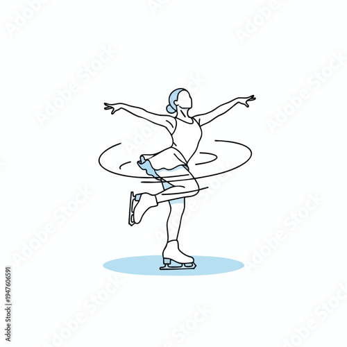 Stylized line art of a figure skater spinning in a blue tutu and white skates