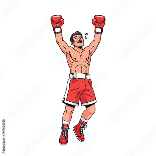 Victorious boxer, sweaty and jubilant, leaps in the air with raised fists and beaming smile