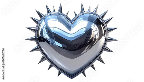 Shiny chrome heart-shape with spikes around its perimeter on a black background