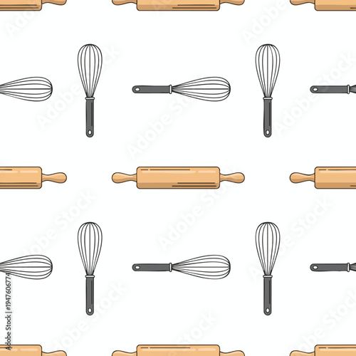 Seamless pattern of rolling pins and whisks on a white background