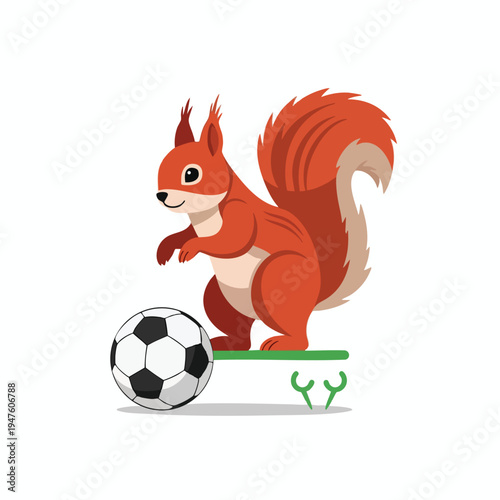 A cute cartoon squirrel with a fluffy tail sits beside a soccer ball