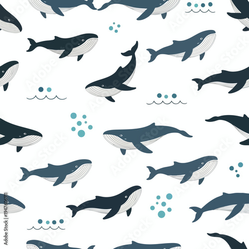 A seamless pattern featuring stylized blue whales and teal bubbles on a white background