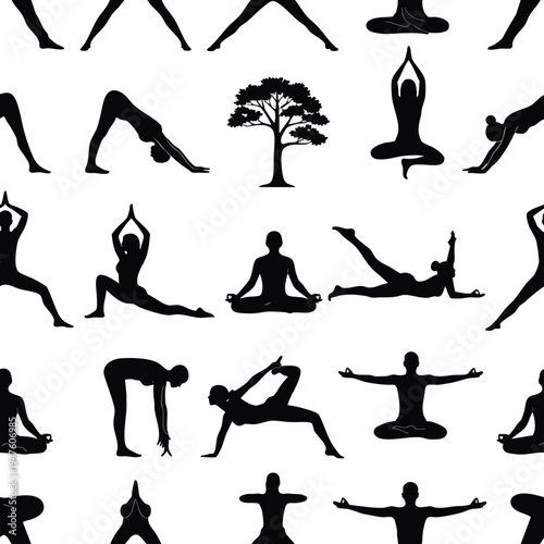 Diverse black yoga poses and a tree silhouette pattern on white