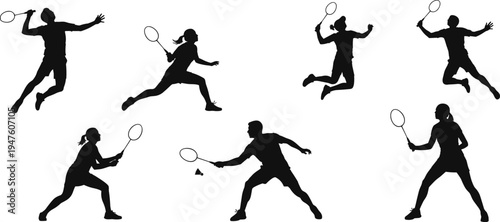 Badminton player silhouettes collection with male and female athletes jumping, smashing, serving and hitting shuttlecock isolated on white background