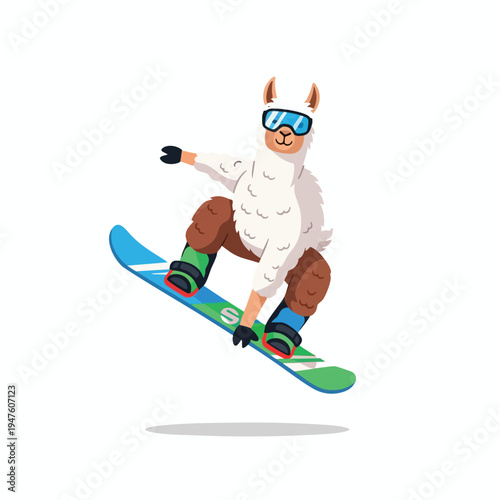 A cartoon llama wearing ski goggles and gloves snowboarding mid-air