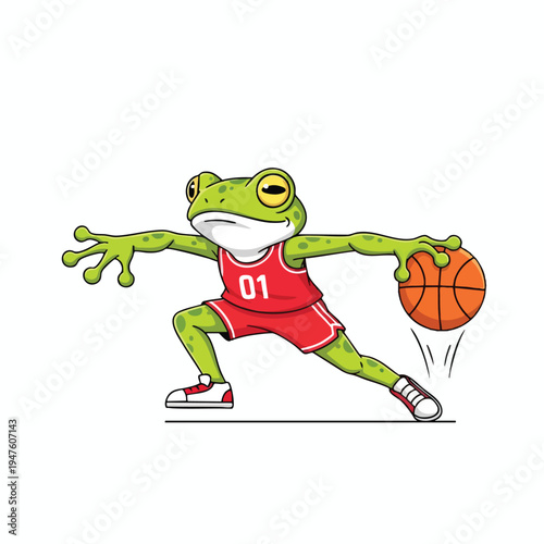 A cartoon frog in a red basketball uniform dribbles an orange ball