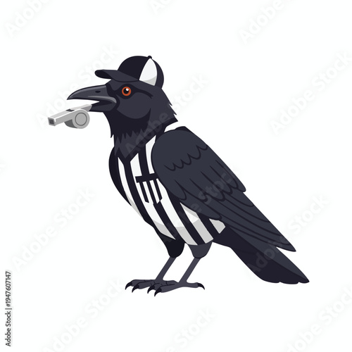 Cartoon crow in referee uniform with whistle and cap, standing