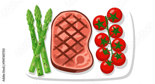 A plate of grilled steak with asparagus and fresh tomatoes on a table