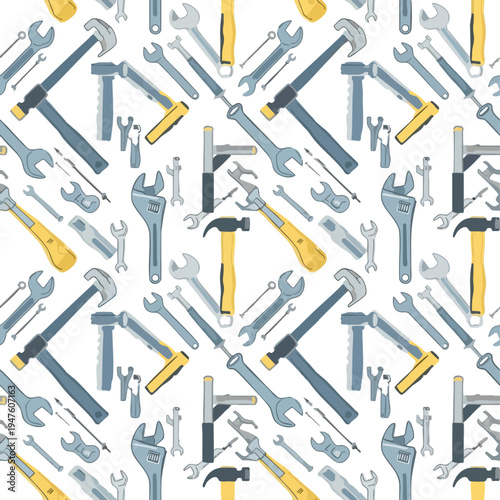 A chaotic, repeating pattern of various hand tools, including hammers and wrenches