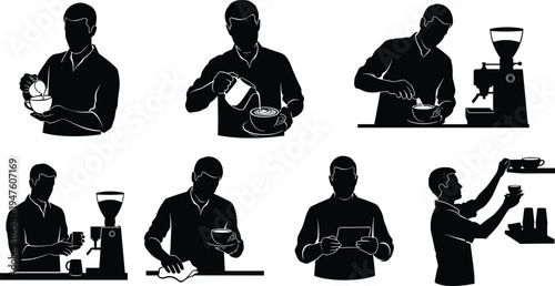 Barista silhouettes making coffee preparing espresso serving cups and working with coffee grinder isolated on white background cafe concept