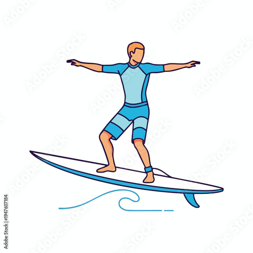 Man in blue wetsuit surfing on a white board over a blue wave