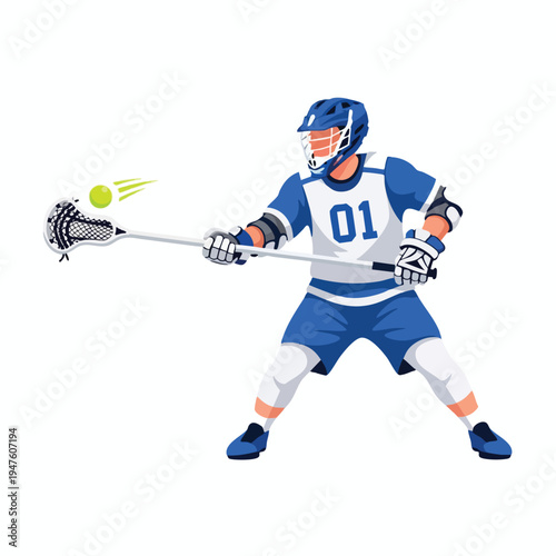 Lacrosse player in blue and white uniform prepares to shoot a neon green ball