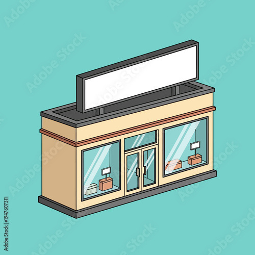 Isometric illustration of a shop with a blank sign, glass windows, and a teal background.