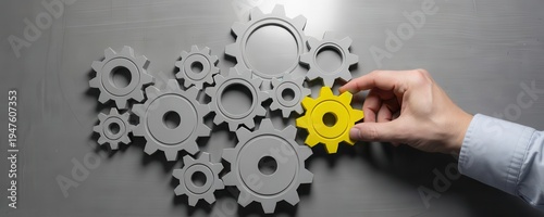 Business professional placing yellow gear among silver gears on dark background for teamwork and success concept