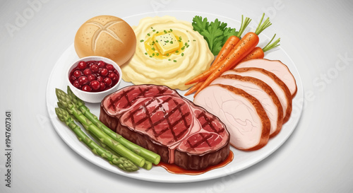 A delicious plate of food with steak, turkey, asparagus, carrots, mashed potatoes, and cranberry sauce on a table indoors daytime